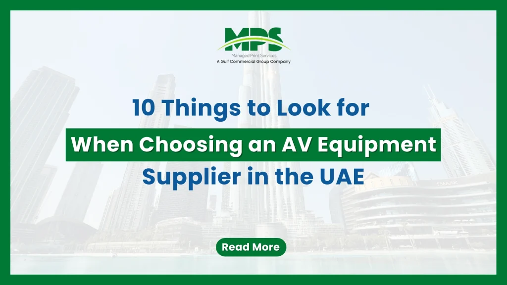 A professional procurement web banner featuring a thick green frame, the MPS logo, and structured typography outlining how to choose an audiovisual equipment supplier, set against a high-key, faded background of the Downtown Dubai skyline and Burj Khalifa.