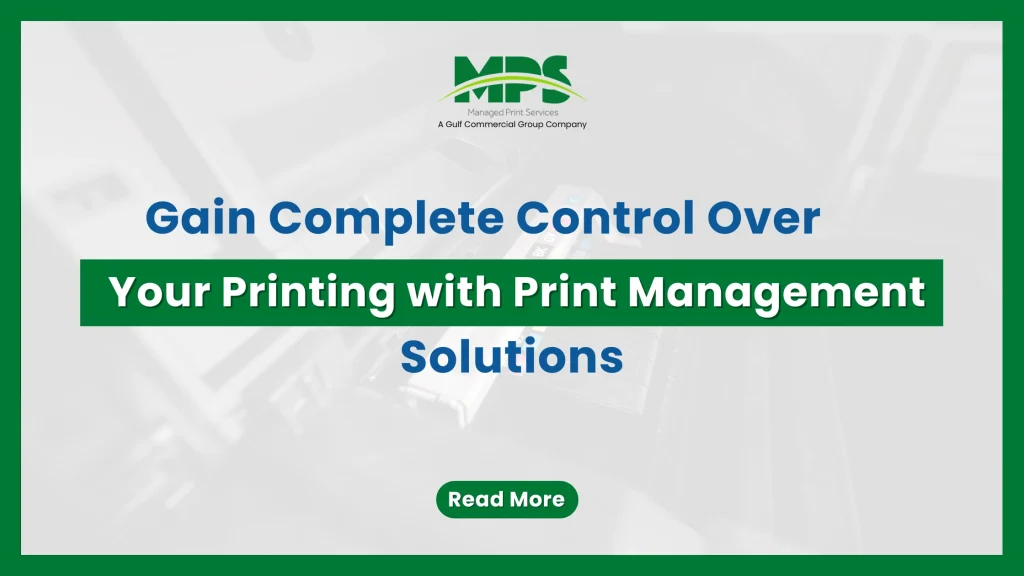 A professional corporate web banner featuring a dark green border and the MPS logo above text detailing how to gain complete control over your printing with print management solutions, set against a faded background of printer toner cartridges.